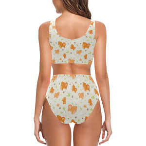 Cute brown pomeranian paw leave bone pattern Chest Bowknot High Waisted Bikini Swimsuit