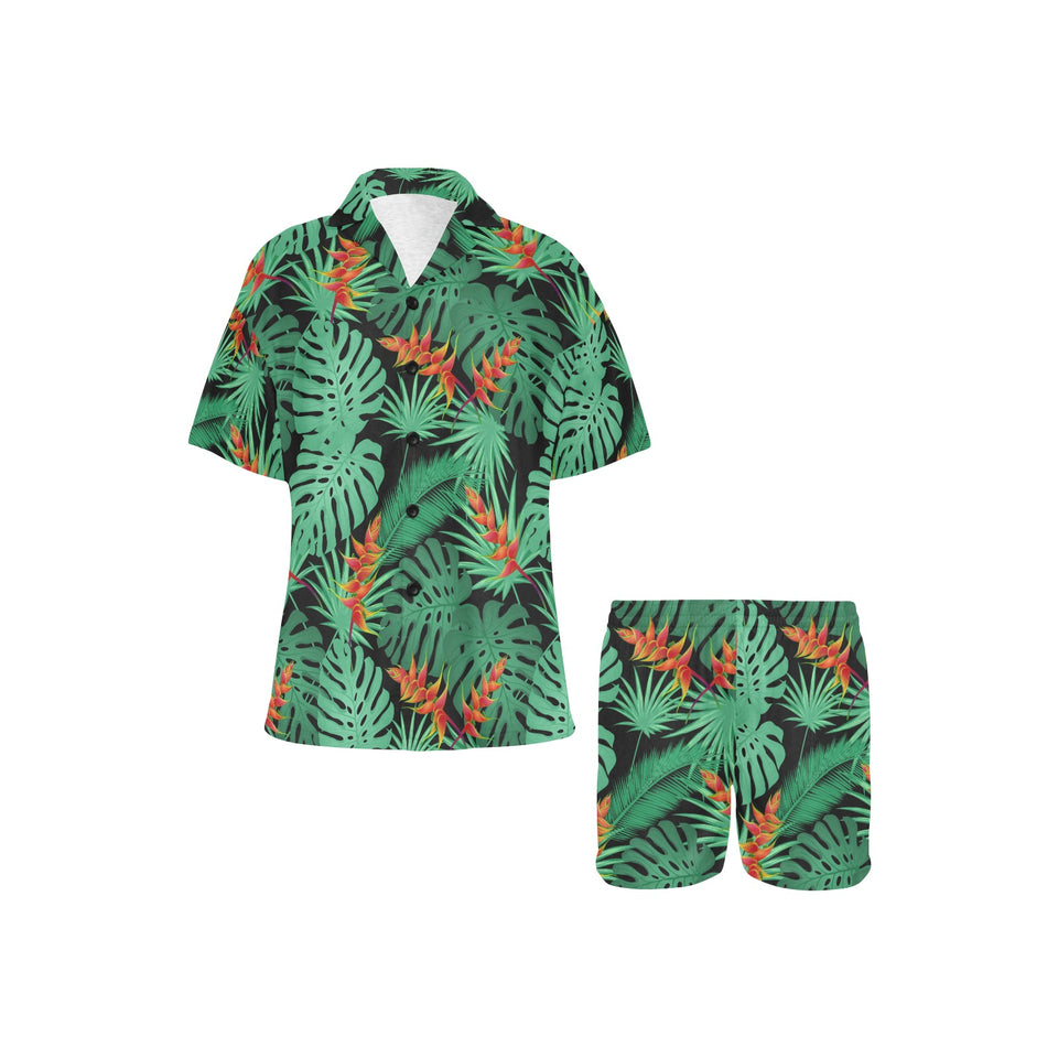 heliconia flower palm monstera leaves black backgr Women's V-Neck Short Pajama Set