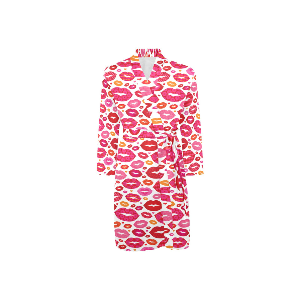 Lips Pattern Print Design 01 Men's Long Sleeve Belted Night Robe