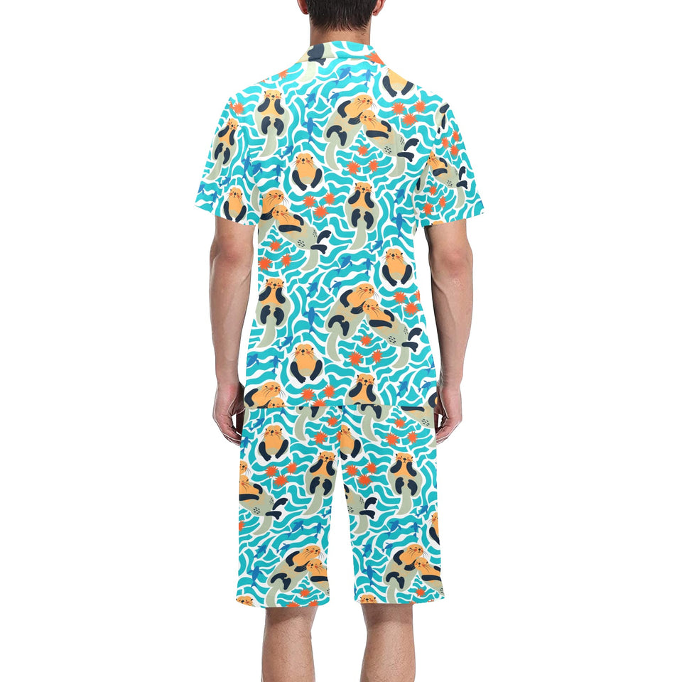 Cute sea otters fishe sea urchin pattern Men's V-Neck Short Pajama Set