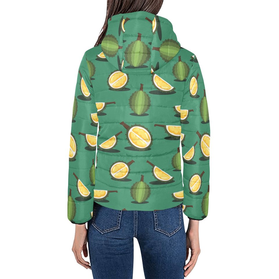Durian pattern green background Women's Padded Hooded Jacket