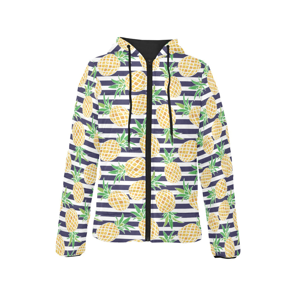 Pineapples pattern striped background Women's Padded Hooded Jacket