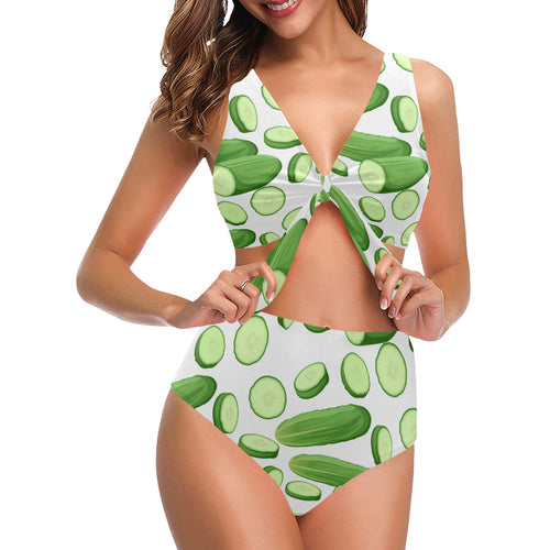 cucumber whole slices pattern Chest Bowknot High Waisted Bikini Swimsuit