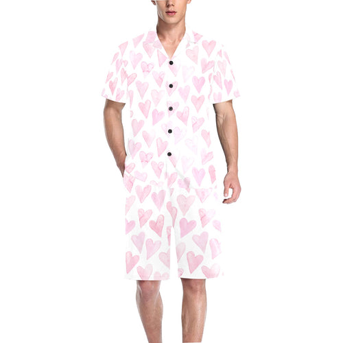 Watercolor pink heart pattern Men's V-Neck Short Pajama Set