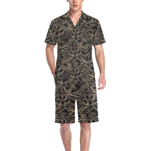 luxurious gold lotus waterlily black background Men's V-Neck Short Pajama Set