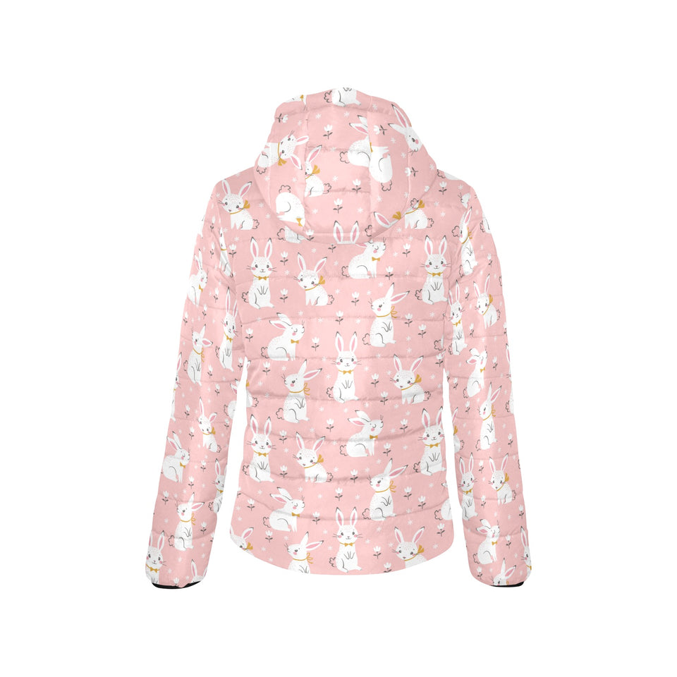 Cute white rabbit flower pink background Women's Padded Hooded Jacket