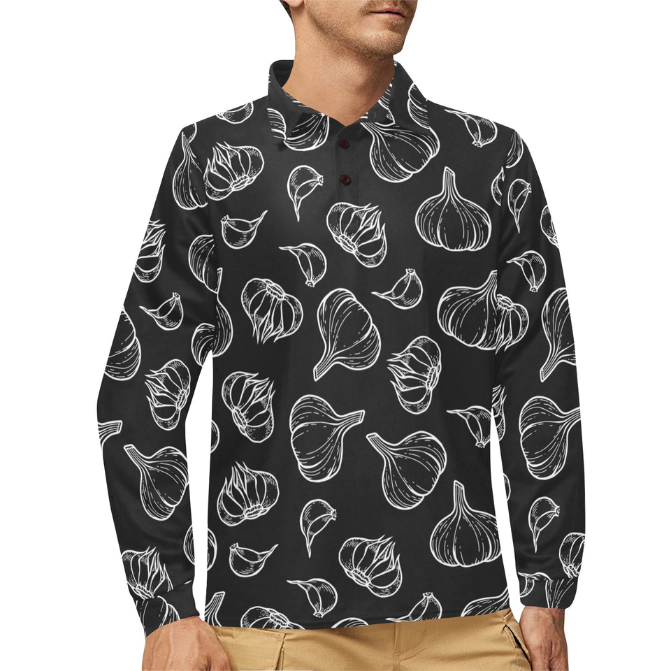 Garlic pattern black background Men's Long Sleeve Polo Shirt