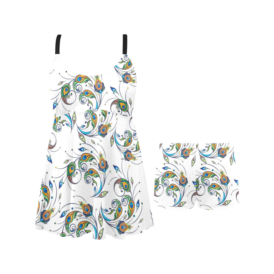 Peacock feather pattern Chest Sexy Pleated Two Piece Swim Dress