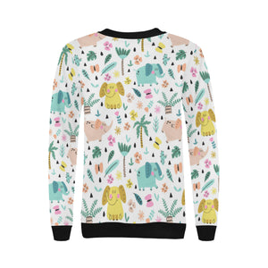 Cute elephants palm tree flower butterfly pattern Women's Crew Neck Sweatshirt