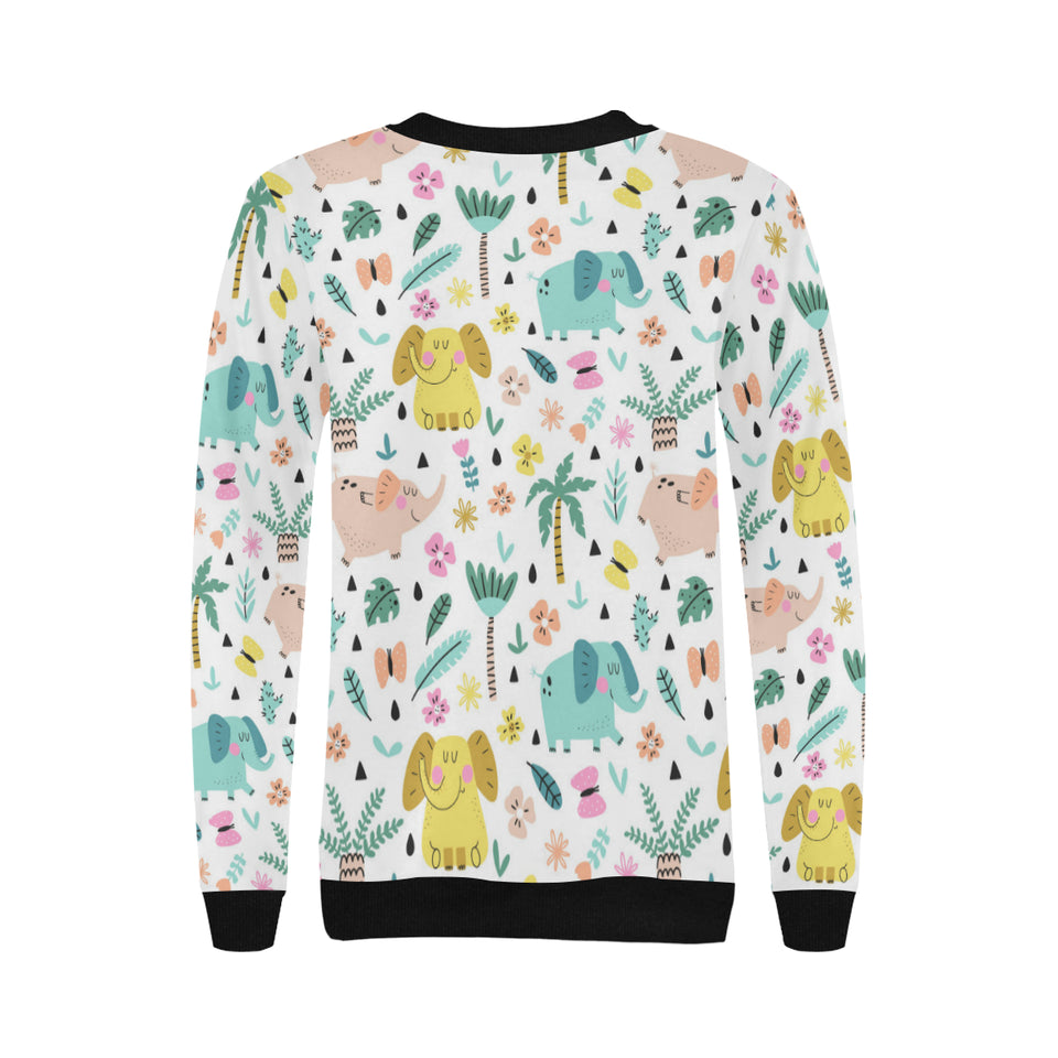 Cute elephants palm tree flower butterfly pattern Women's Crew Neck Sweatshirt
