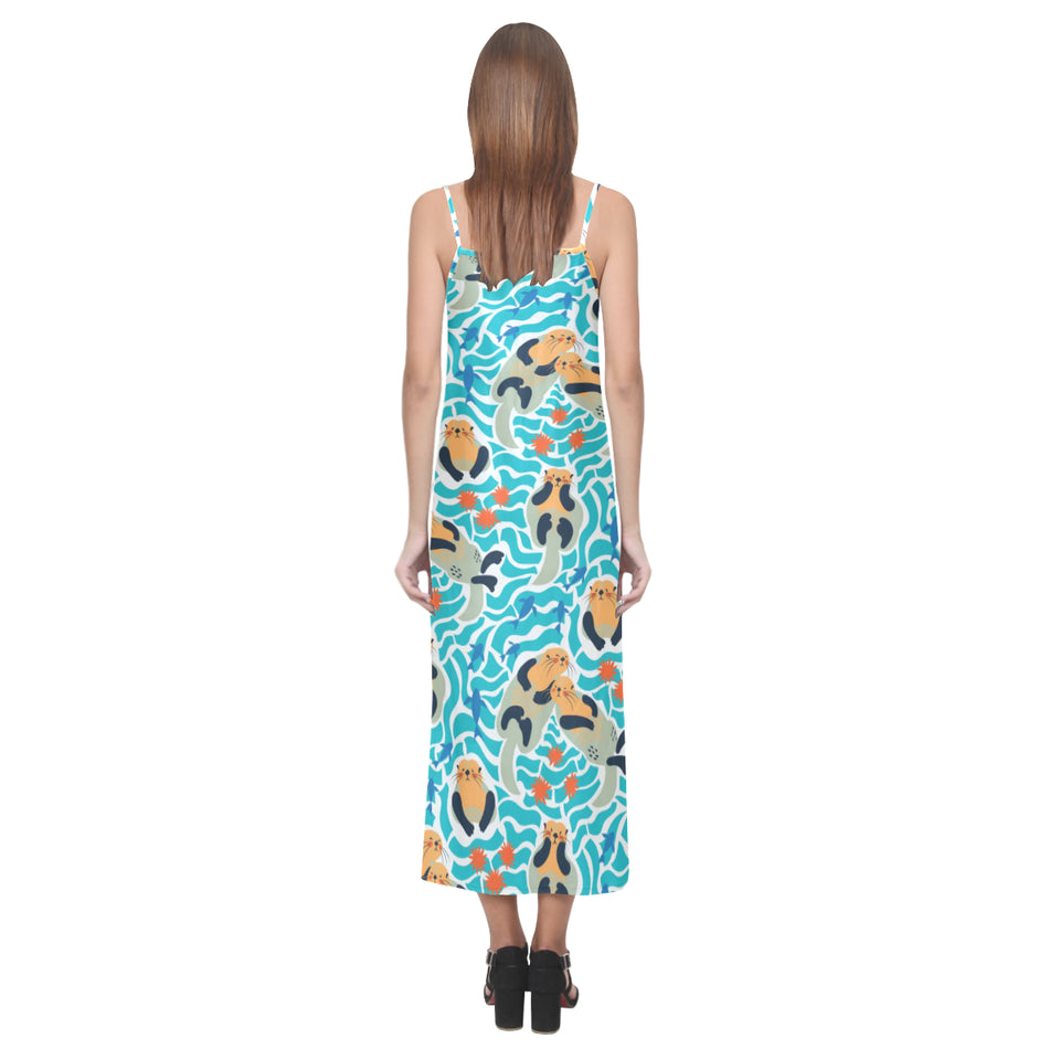 Cute sea otters fishe sea urchin pattern V-Neck Open Fork Long Dress