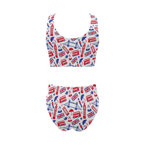 British Pattern Print Design 01 Chest Bowknot High Waisted Bikini Swimsuit