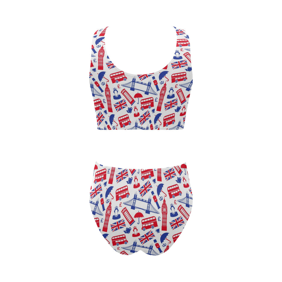 British Pattern Print Design 01 Chest Bowknot High Waisted Bikini Swimsuit