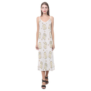 cute owl leaf V-Neck Open Fork Long Dress