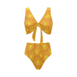 Sun orange background Chest Bowknot High Waisted Bikini Swimsuit