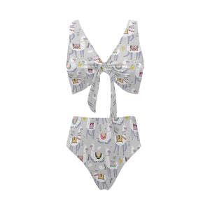 Cute Llama Alpaca pattern Chest Bowknot High Waisted Bikini Swimsuit