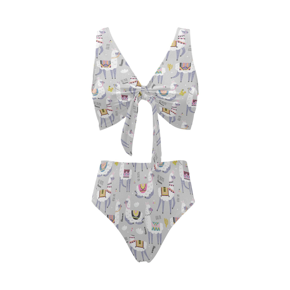 Cute Llama Alpaca pattern Chest Bowknot High Waisted Bikini Swimsuit