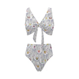 Cute Llama Alpaca pattern Chest Bowknot High Waisted Bikini Swimsuit