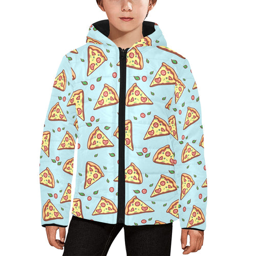 Hand drawn pizza blue background Kids' Boys' Girls' Padded Hooded Jacket