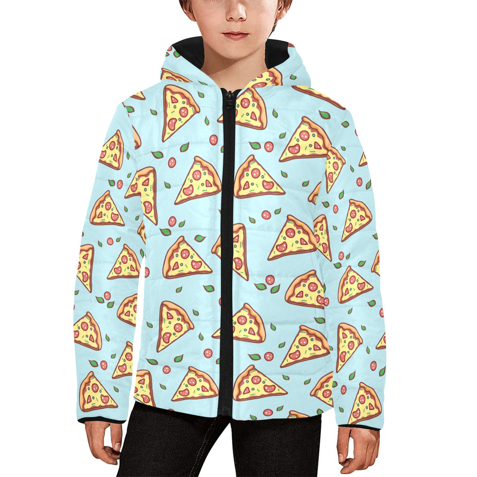 Hand drawn pizza blue background Kids' Boys' Girls' Padded Hooded Jacket