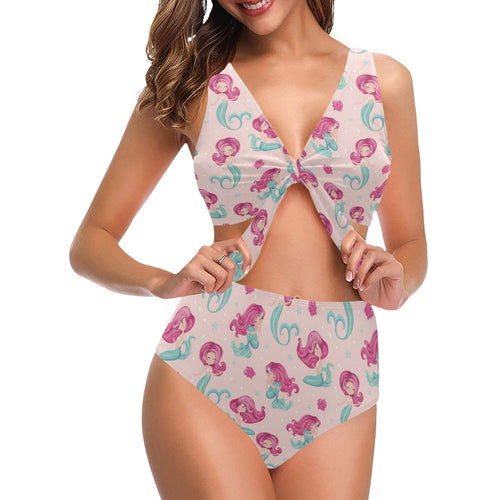 Cute little mermaid pattern Chest Bowknot High Waisted Bikini Swimsuit