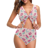 Cute little mermaid pattern Chest Bowknot High Waisted Bikini Swimsuit