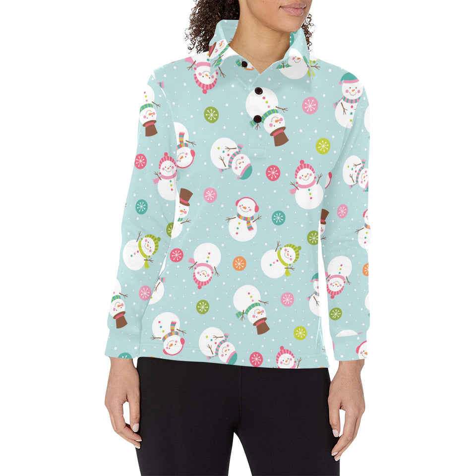 Cute snowman snowflake pattern Women's Long Sleeve Polo Shirt