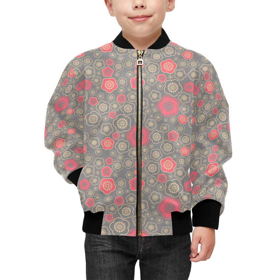 Red gold Sakura cherry blossom gray background Kids' Boys' Girls' Bomber Jacket