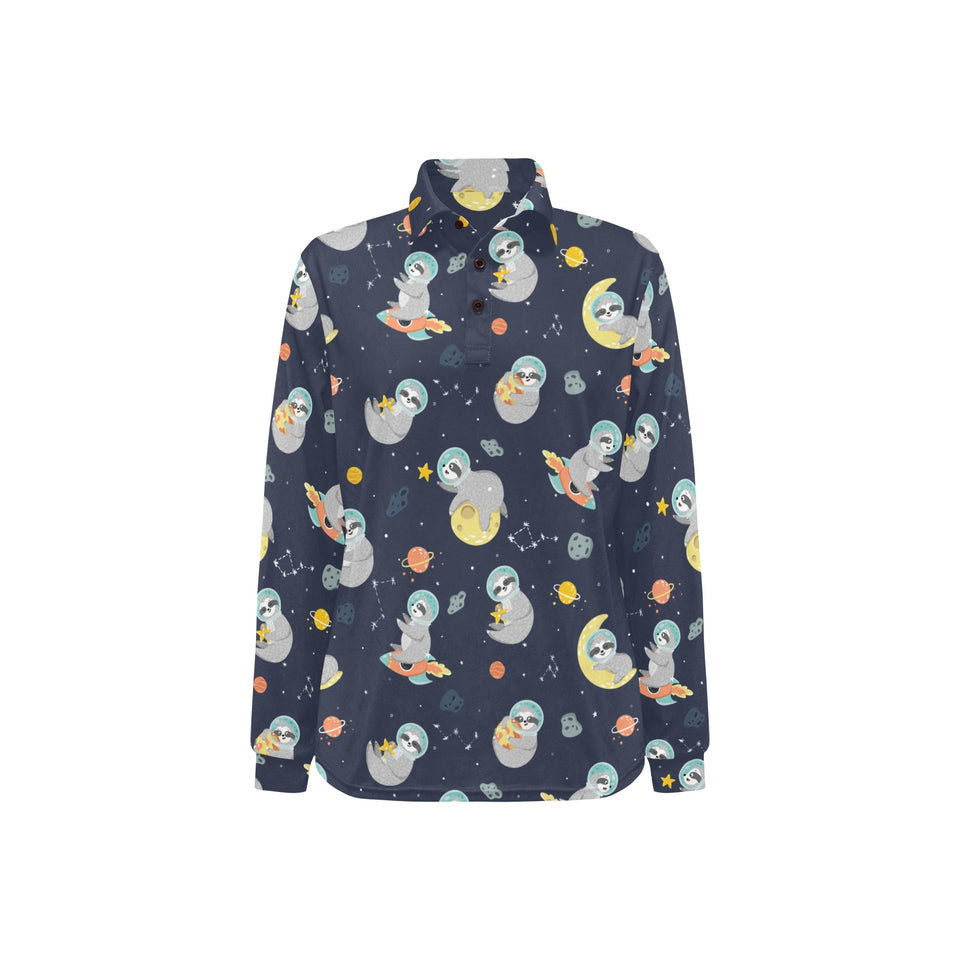 Cute sloth astronaut star planet rocket pattern Women's Long Sleeve Polo Shirt