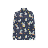 Cute sloth astronaut star planet rocket pattern Women's Long Sleeve Polo Shirt