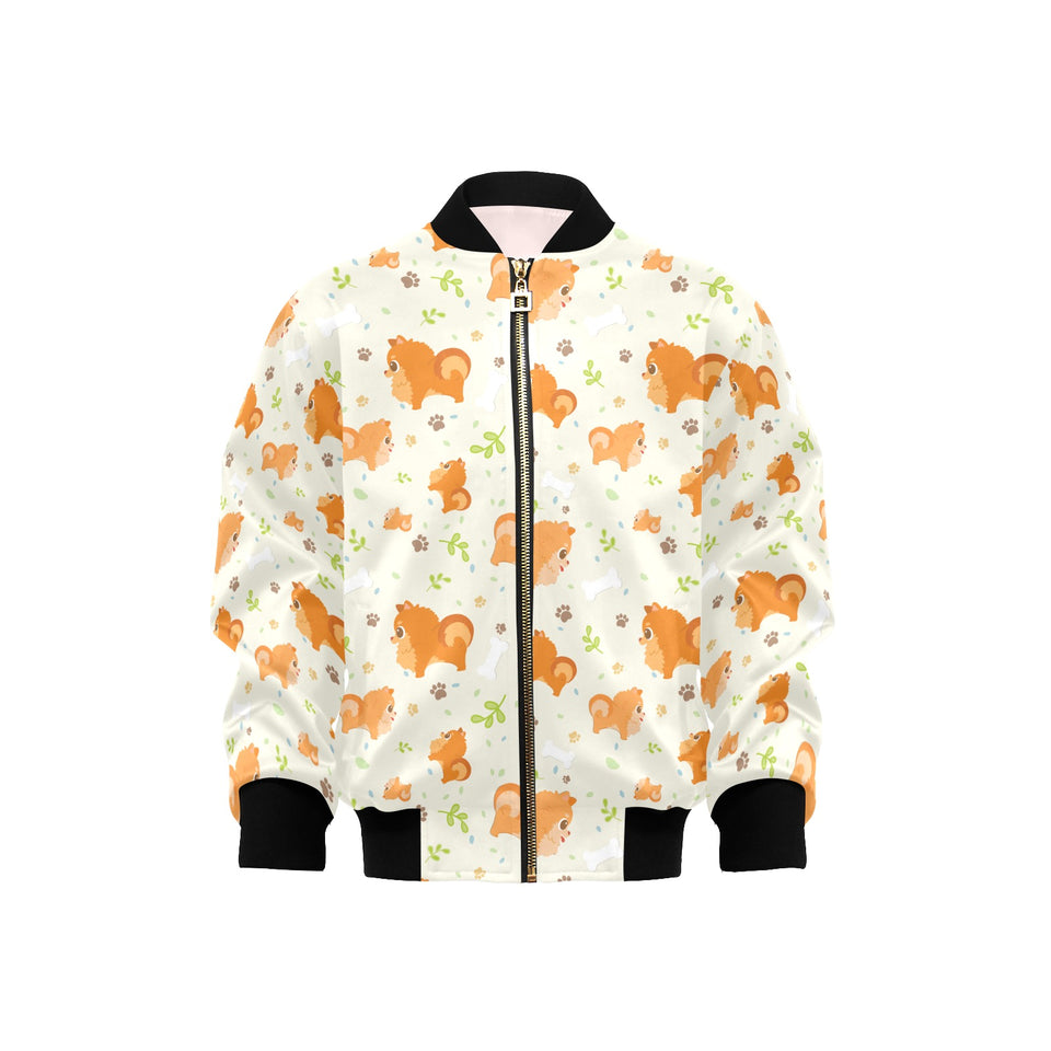 Cute brown pomeranian paw leave bone pattern Kids' Boys' Girls' Bomber Jacket