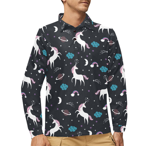 unicorn rainbows moon clound star pattern Men's Long Sleeve Polo Shirt