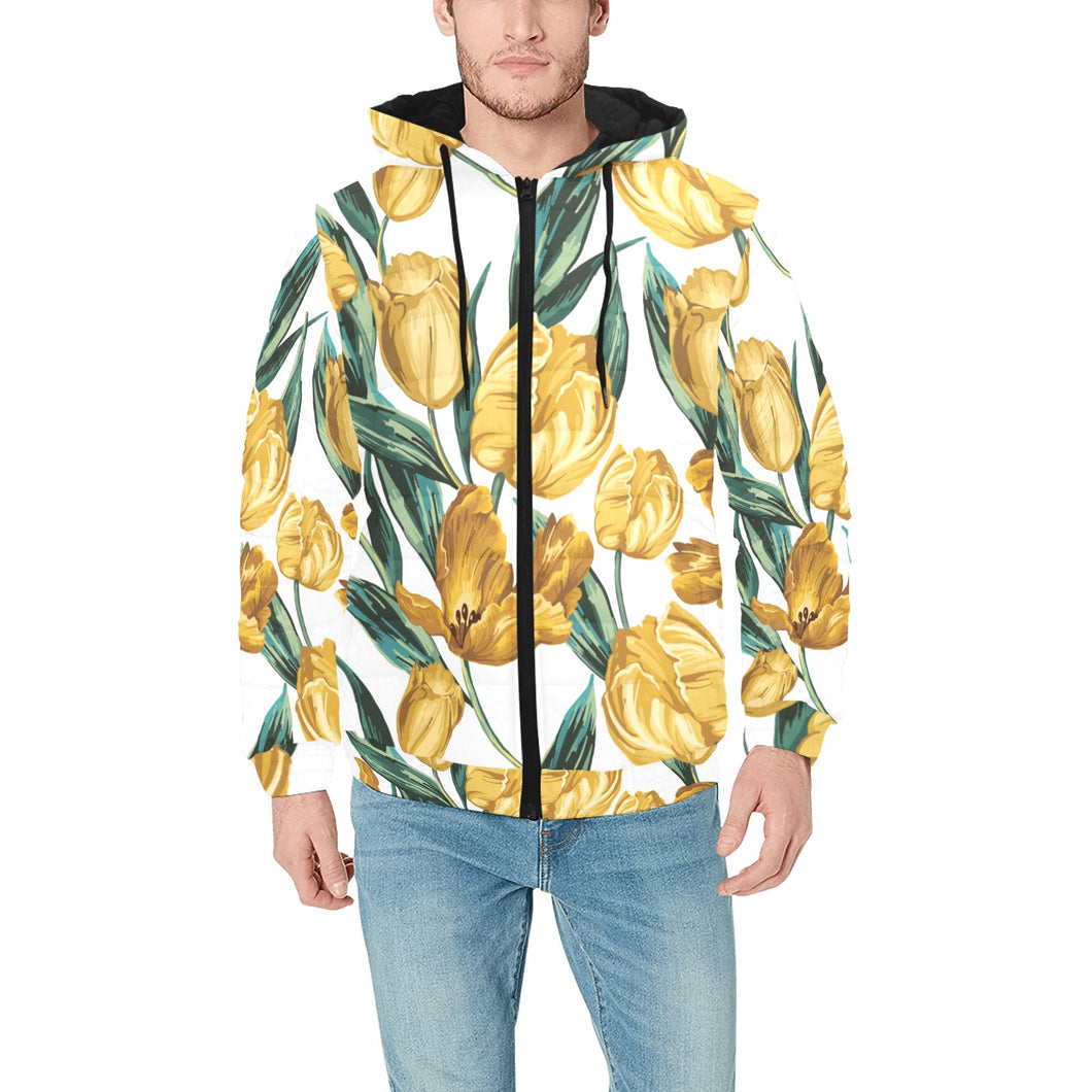 yellow tulips pattern Men's Padded Hooded Jacket