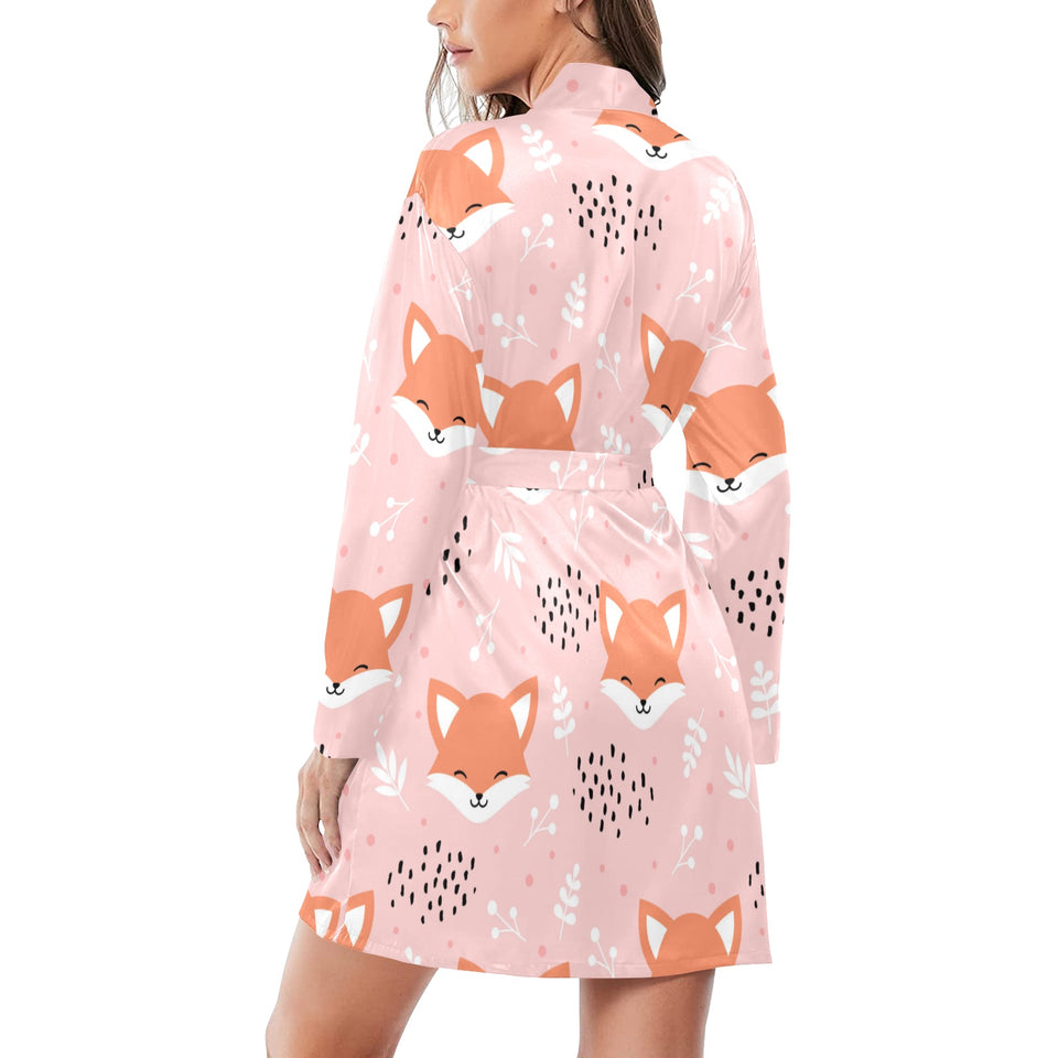 Cute fox pattern pink background Women's Long Sleeve Belted Night Robe