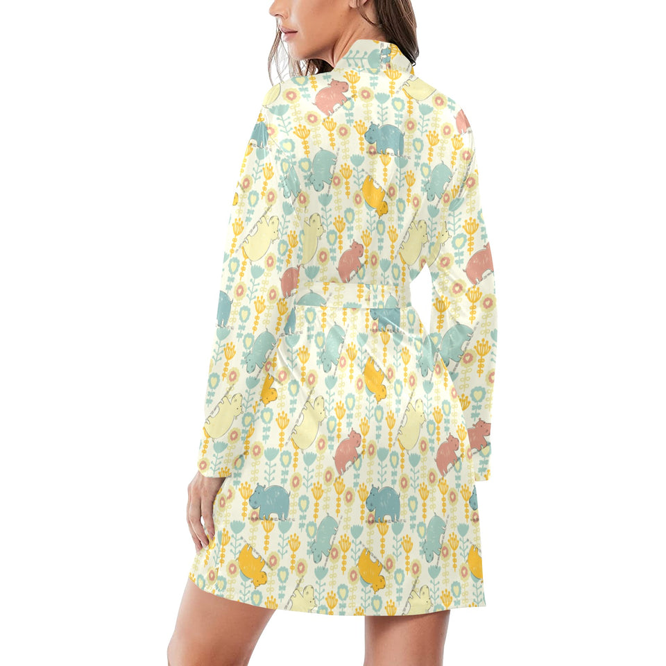 Hippopotamus Pattern Print Design 04 Women's Long Sleeve Belted Night Robe