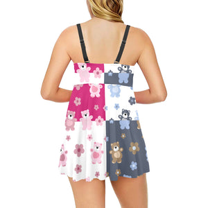 Teddy Bear Pattern Print Design 03 Chest Sexy Pleated Two Piece Swim Dress