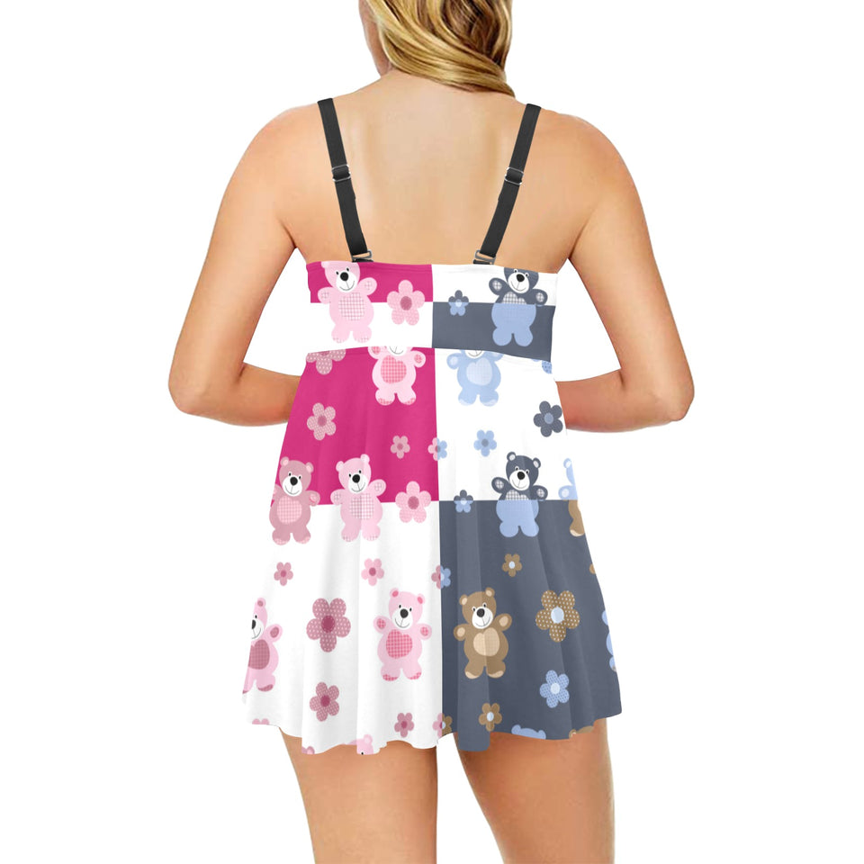 Teddy Bear Pattern Print Design 03 Chest Sexy Pleated Two Piece Swim Dress