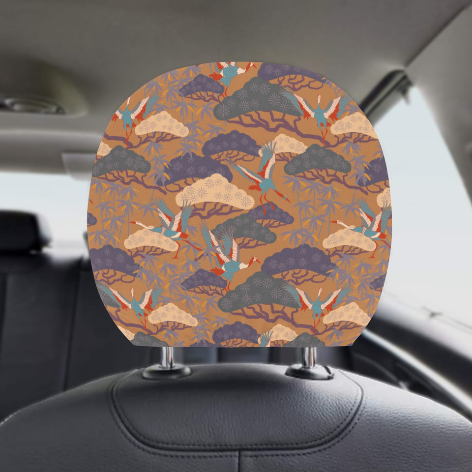 Bonsai bamboo stork japanese pattern brown theme Car Headrest Cover