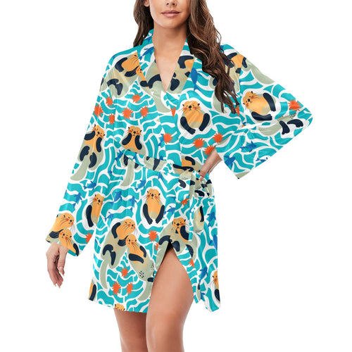 Cute sea otters fishe sea urchin pattern Women's Long Sleeve Belted Night Robe