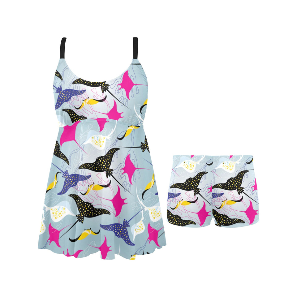 Stingray Pattern Print Design 01 Chest Sexy Pleated Two Piece Swim Dress