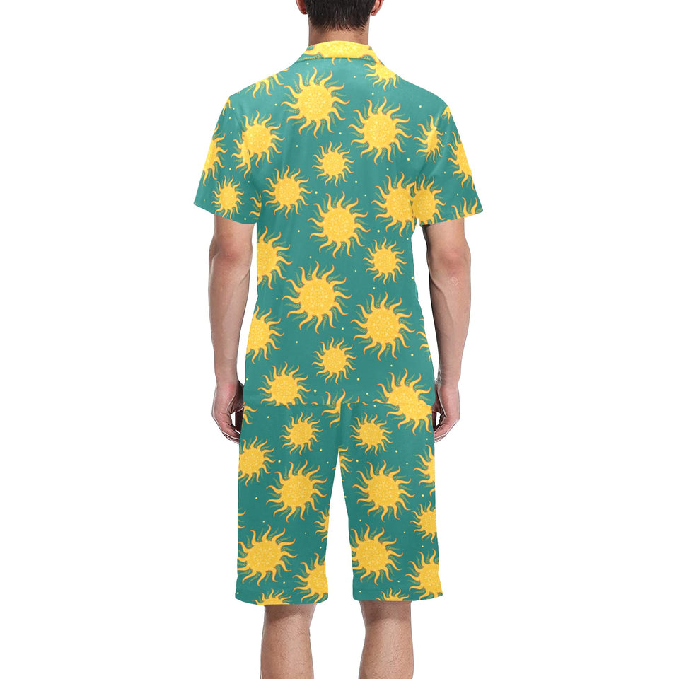 Sun green background Men's V-Neck Short Pajama Set
