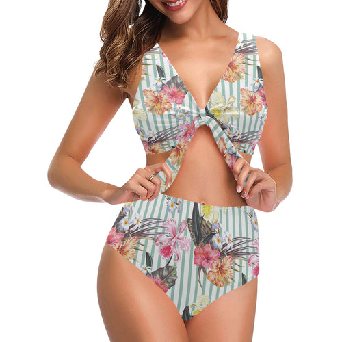 Colorful orchid flower pattern Chest Bowknot High Waisted Bikini Swimsuit