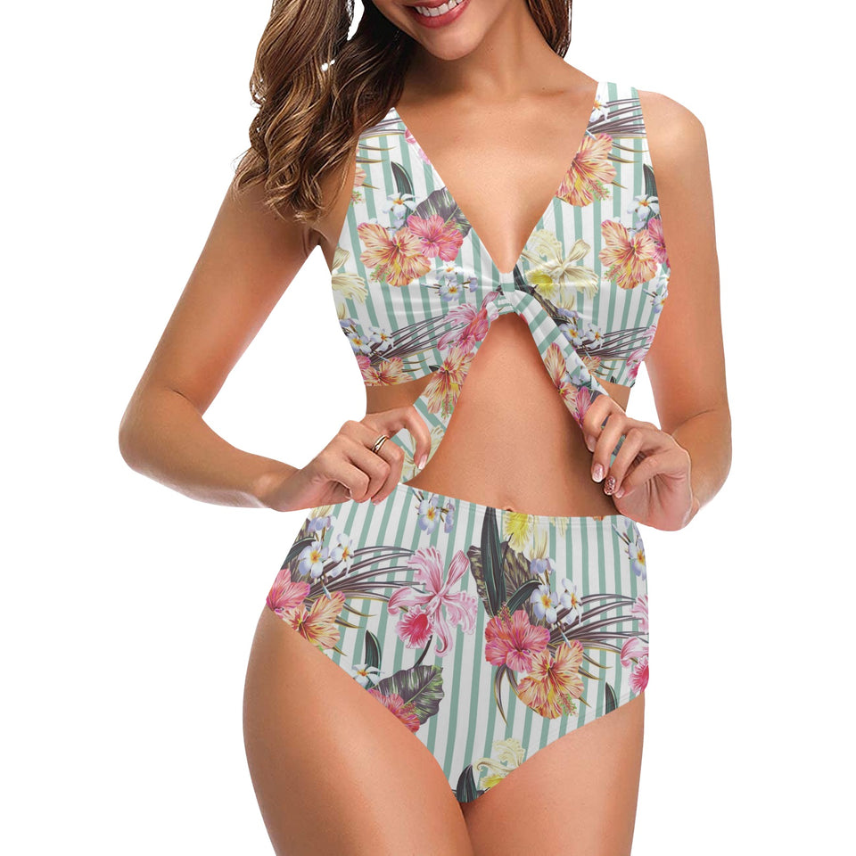 Colorful orchid flower pattern Chest Bowknot High Waisted Bikini Swimsuit