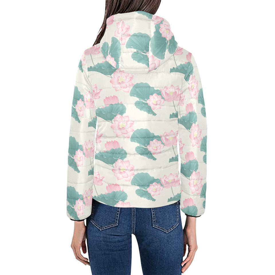 Pink lotus waterlily leaves pattern Women's Padded Hooded Jacket