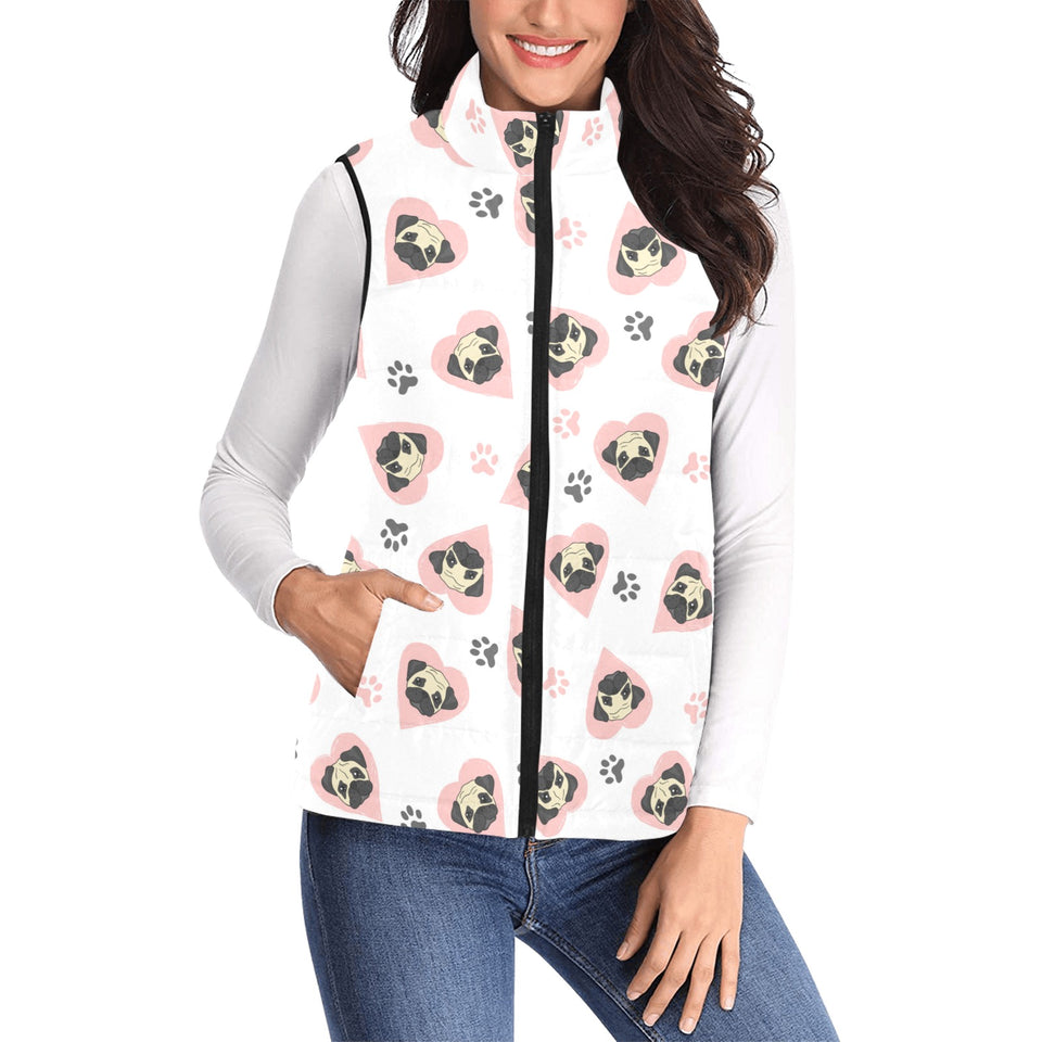 Cute pugs pink heart paw pattern Women's Padded Vest