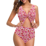 Lips Pattern Print Design 01 Chest Bowknot High Waisted Bikini Swimsuit