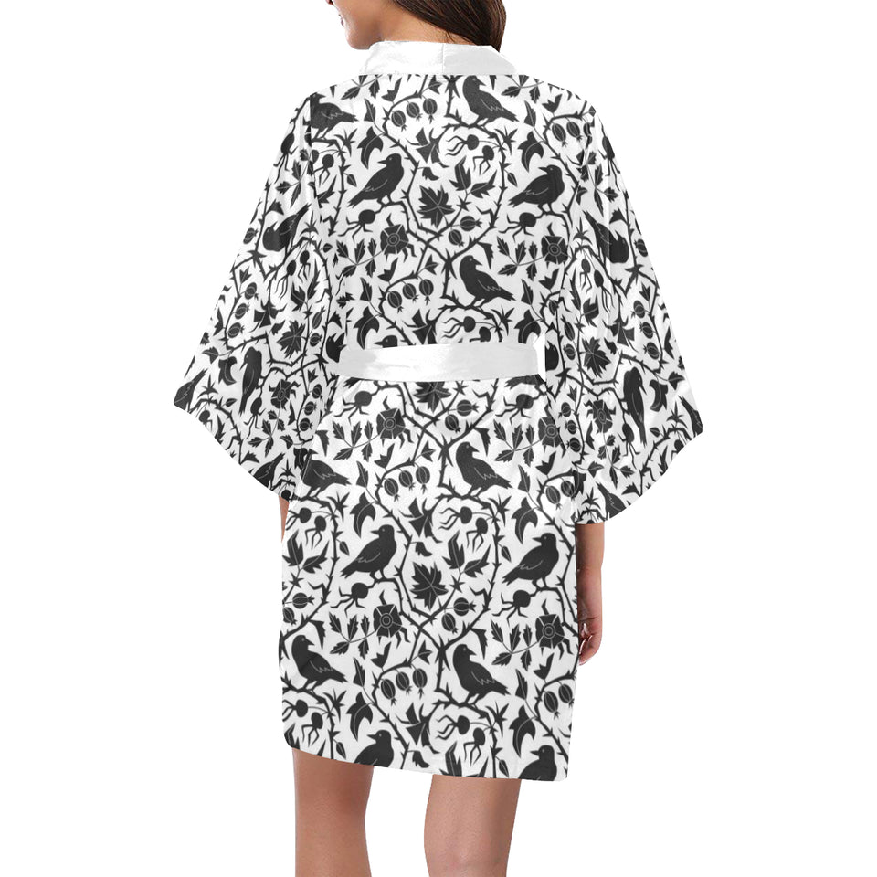 Crow dark floral pattern Women's Short Kimono Robe