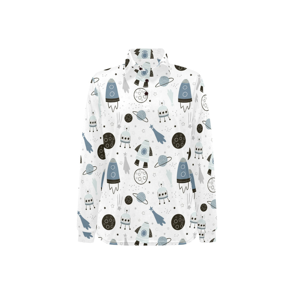 Hand drawn space elements space rocket star planet Women's Long Sleeve Polo Shirt