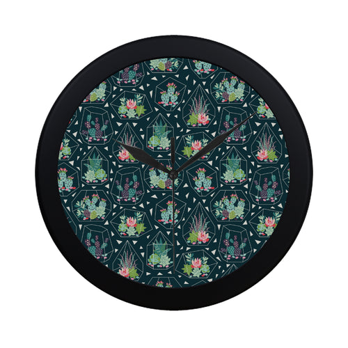 Cactus glass terrarium pattern Elegant Black Wall Clock