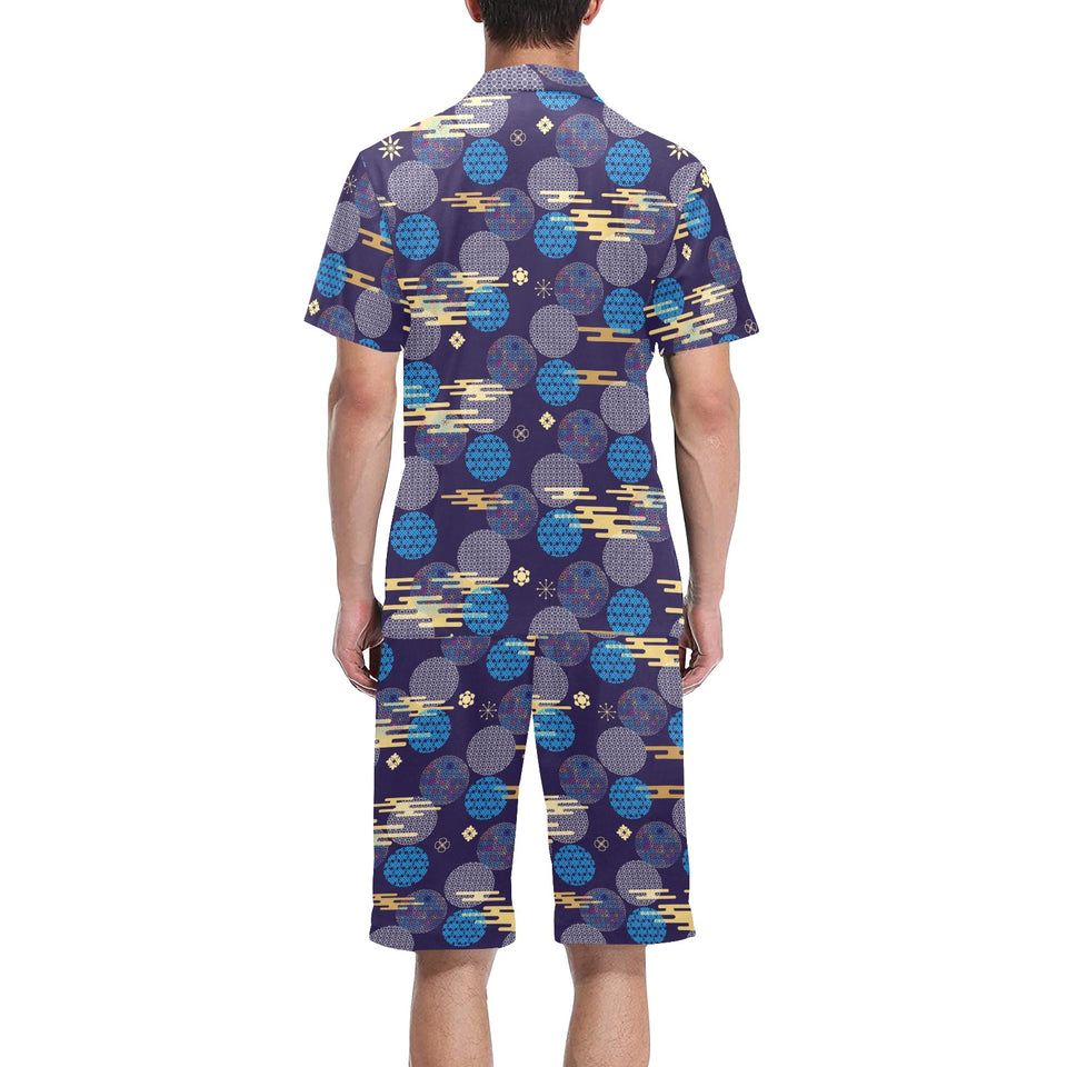 Blue japanese pattern cloud wave flower Men's V-Neck Short Pajama Set